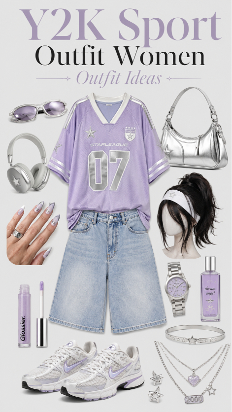 Y2K sport outfit with sporty accessories and denim styling