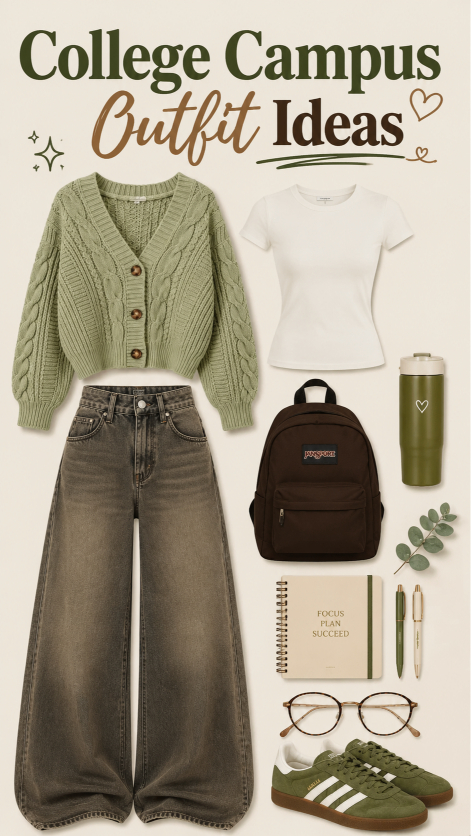 College campus outfit idea with loose jeans and trendy casual styling