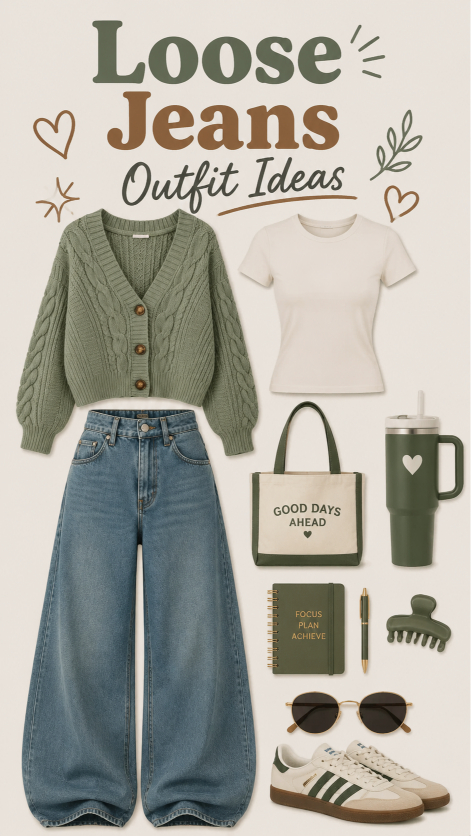 Loose jeans outfit with a cozy knit sweater for fall