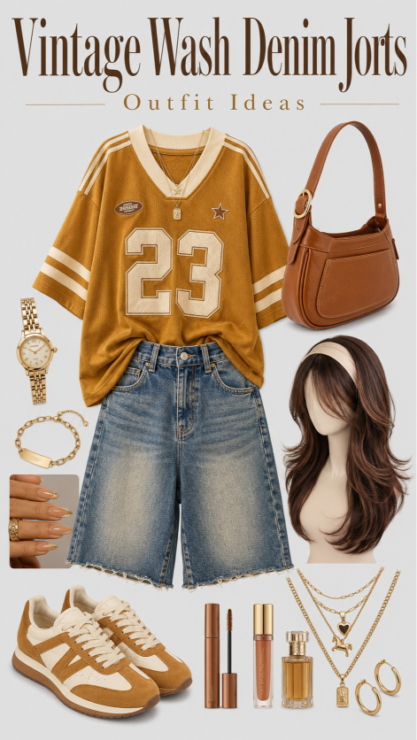 Vintage wash denim jorts outfit styled for fall with chic accessories