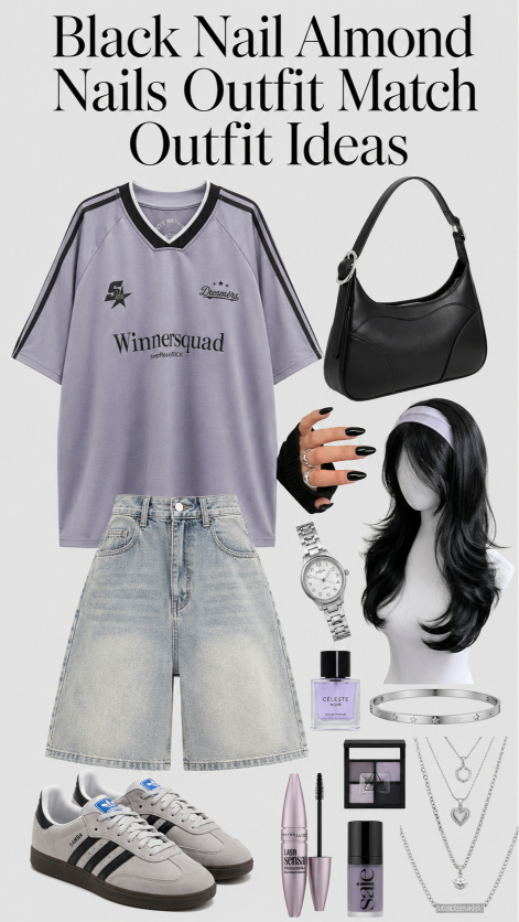 Black Almond Nails Outfit Idea Street Style