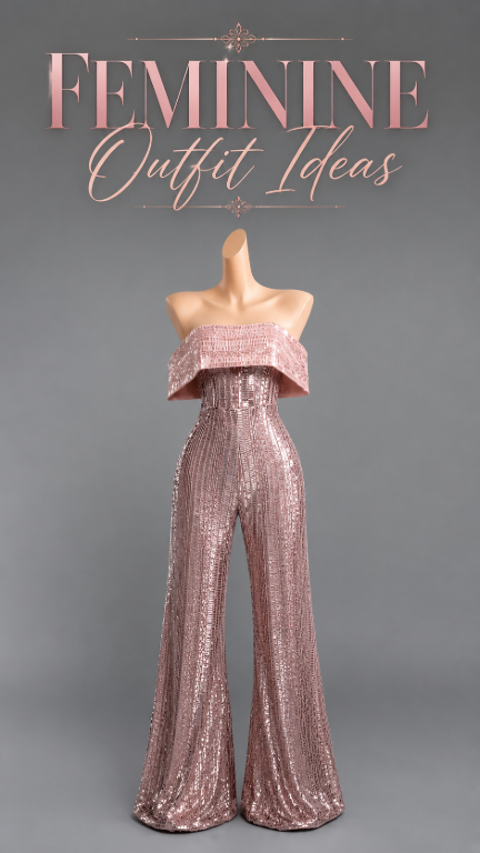 Rose gold feminine sequin jumpsuit outfit idea