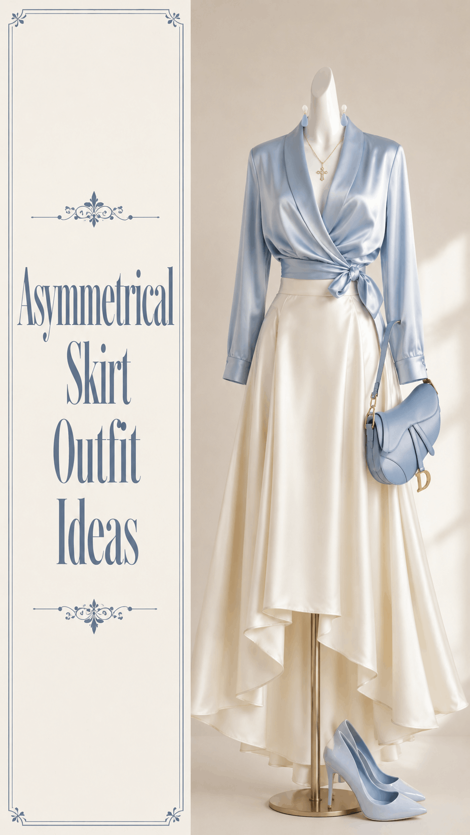 Soft blue asymmetrical skirt outfit idea