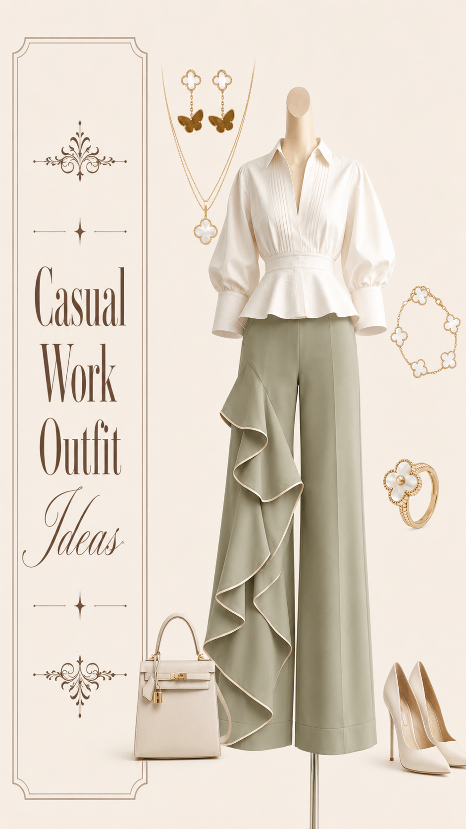 Casual work outfit with white blouse and sage ruffle pants