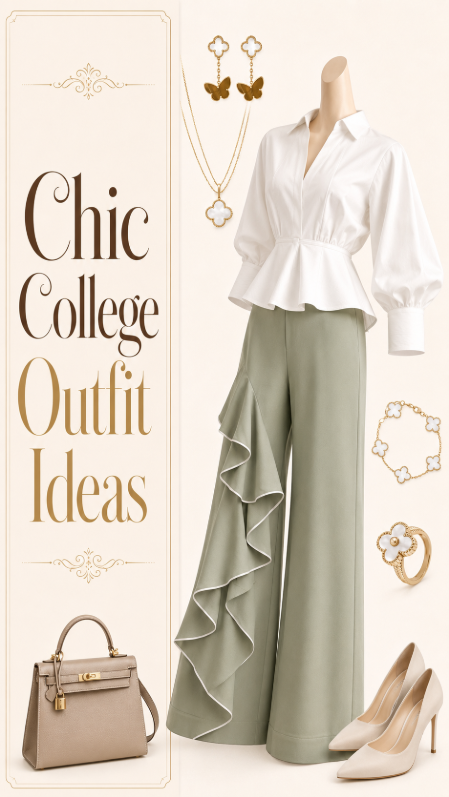 Chic college outfit with white blouse and sage wide-leg pants