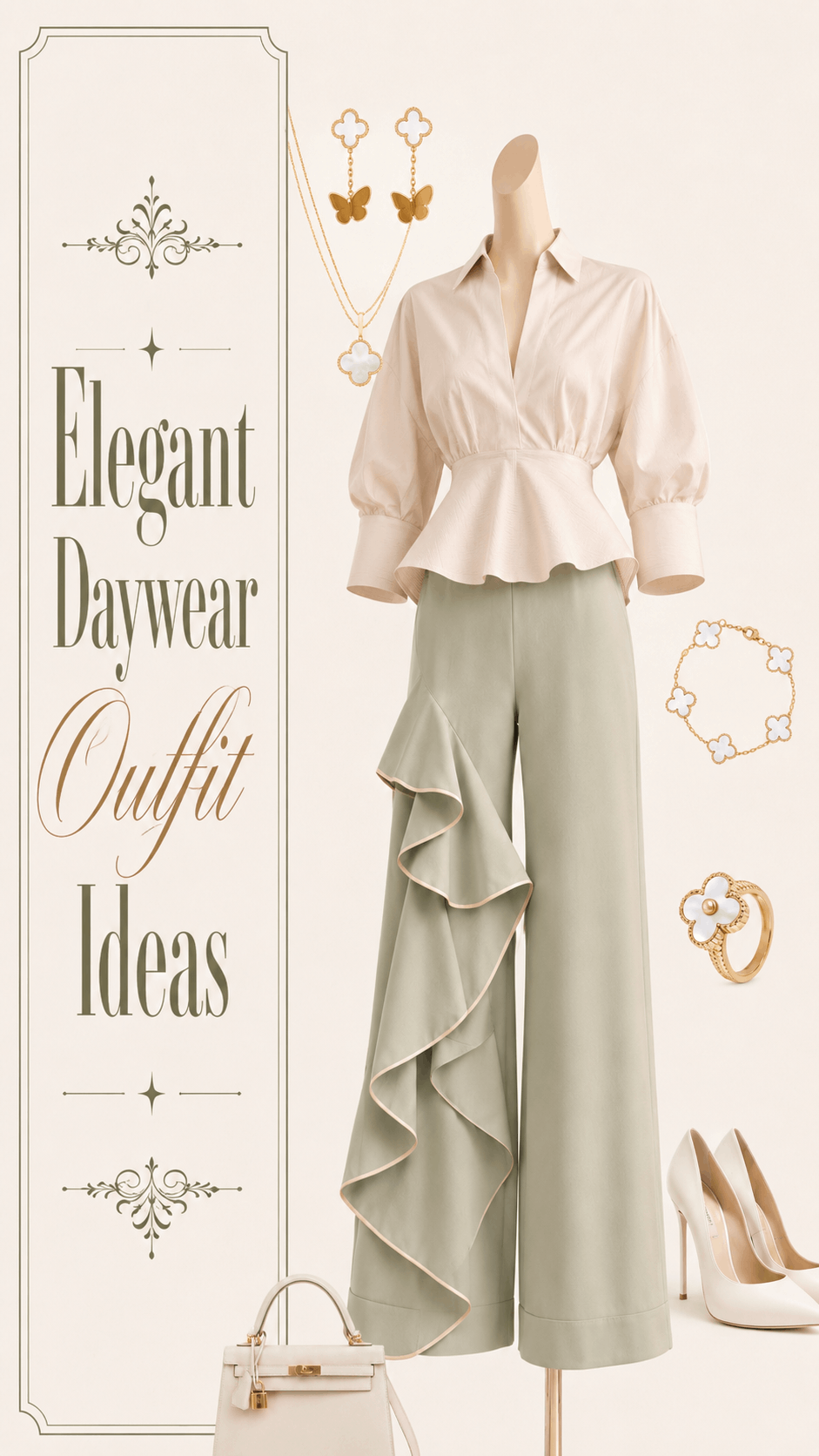 Elegant daywear outfit with white blouse and sage pants