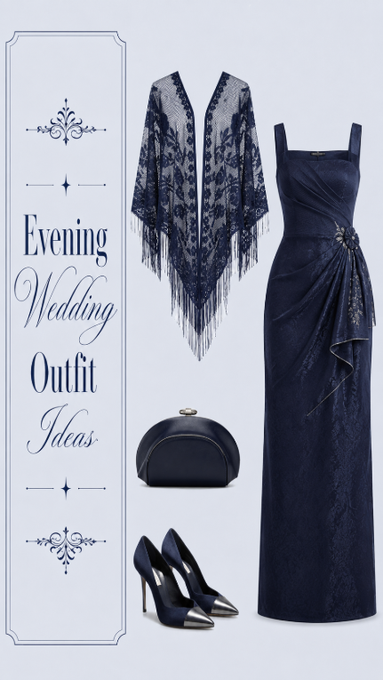 Navy evening wedding guest outfit with dress shawl heels and clutch