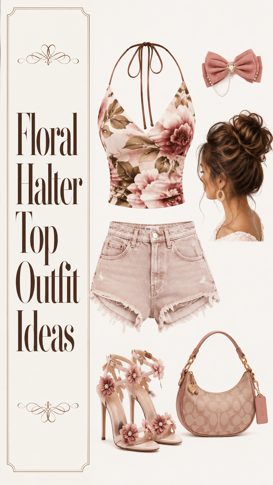 Floral halter top outfit with shorts and accessories