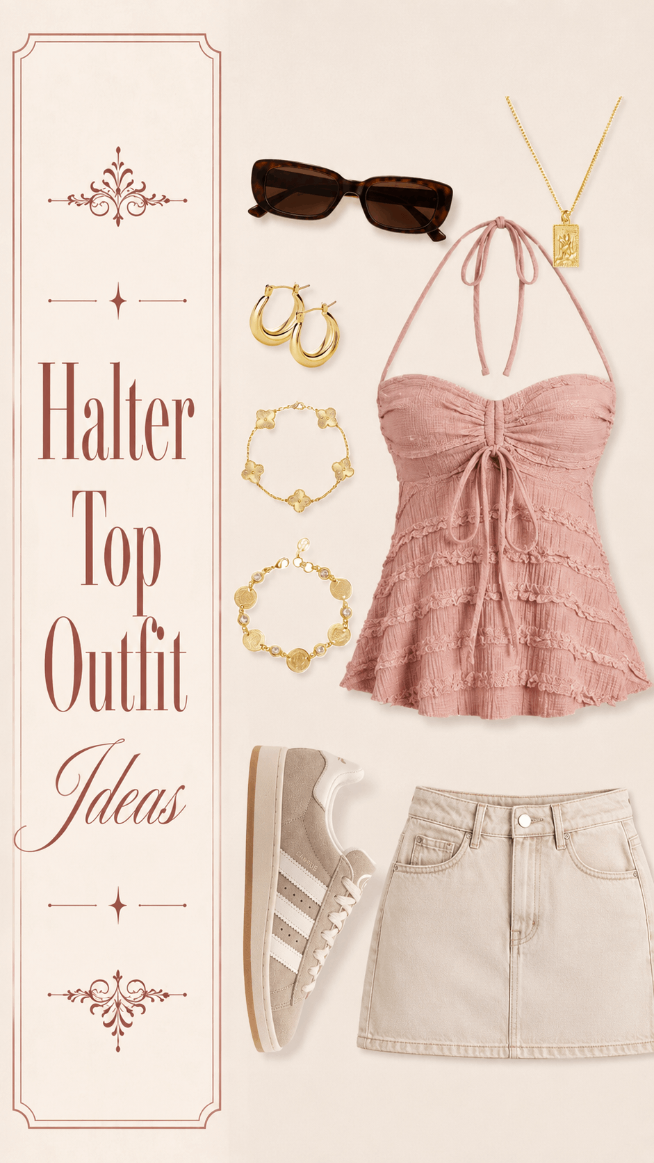 Pink halter top outfit with denim skirt sneakers and accessories