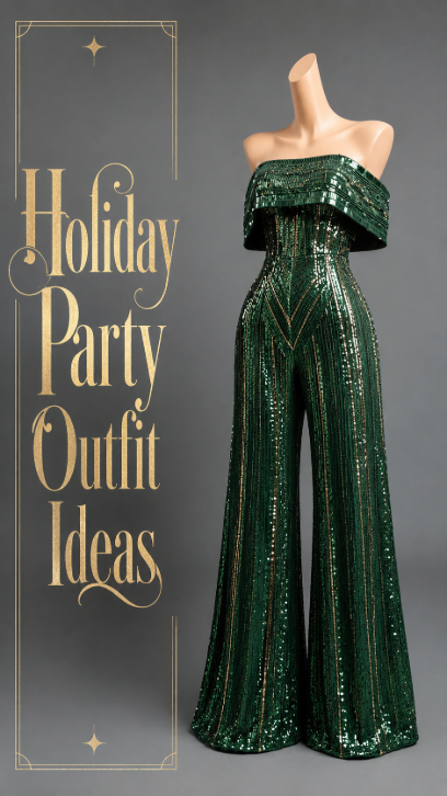 Emerald green sequin holiday party jumpsuit outfit