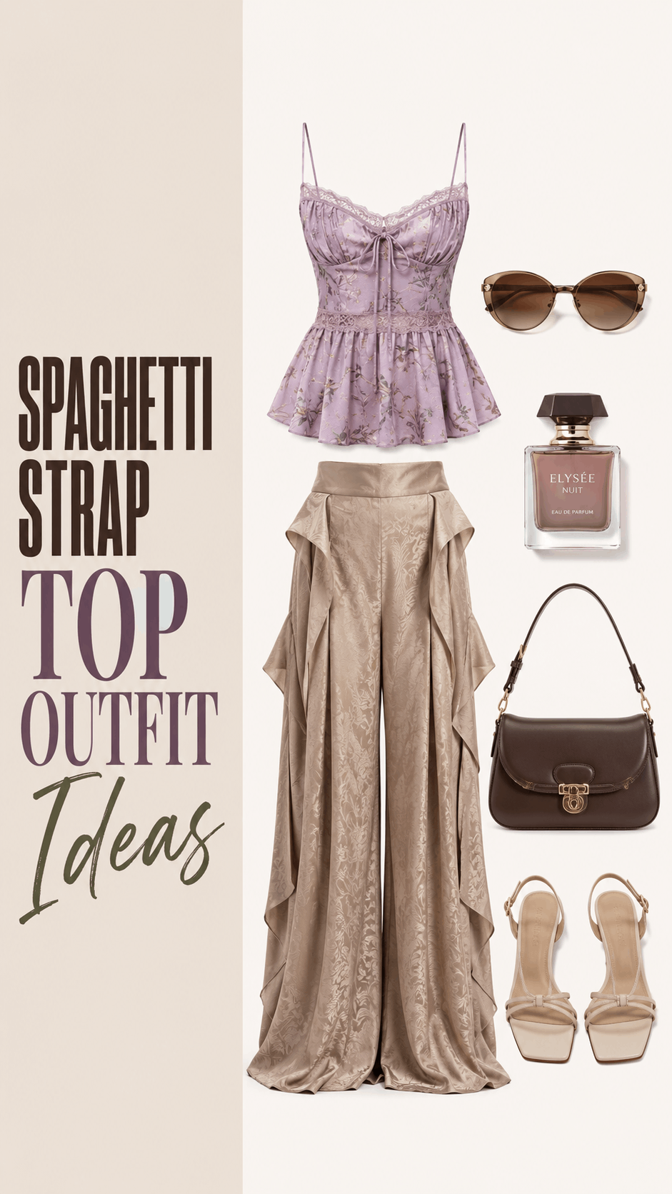 Lavender spaghetti strap top with wide leg pants outfit idea