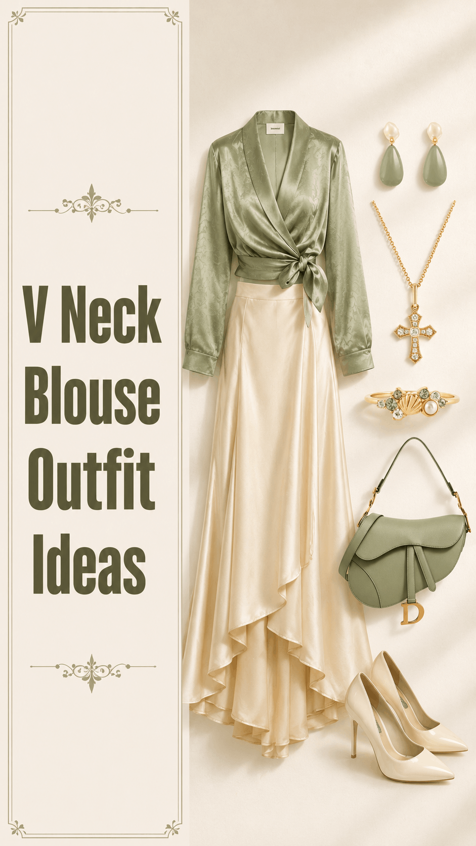 Sage V-neck blouse outfit with cream satin skirt
