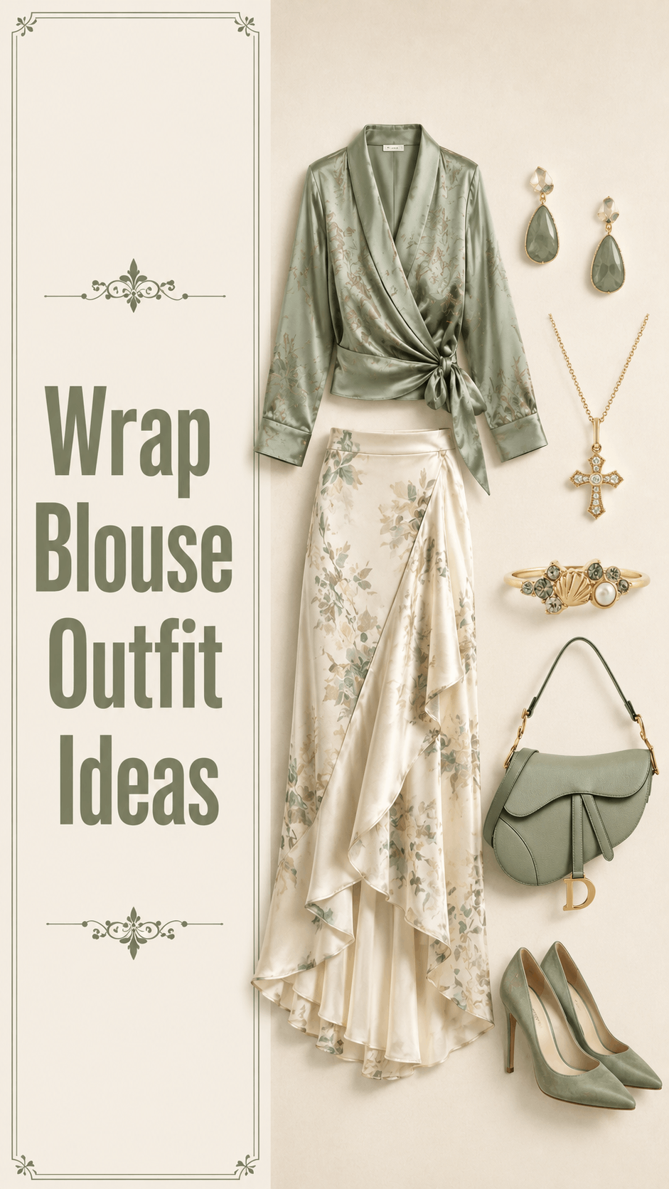 Wrap blouse outfit with floral high low skirt