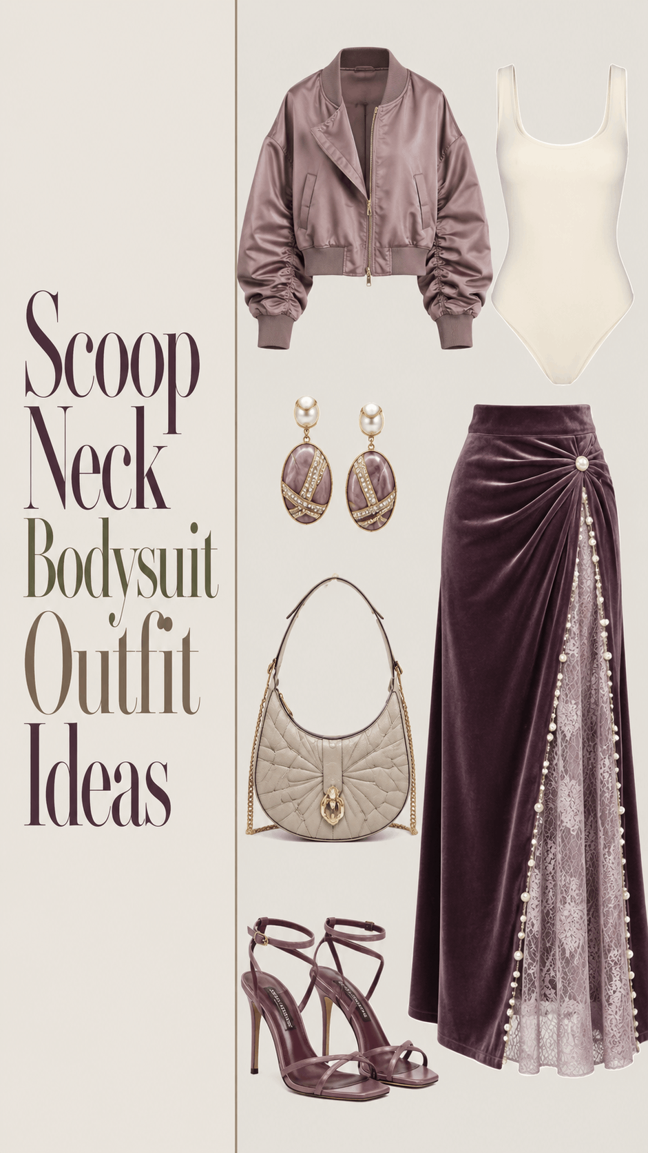 Scoop neck bodysuit outfit with velvet maxi skirt
