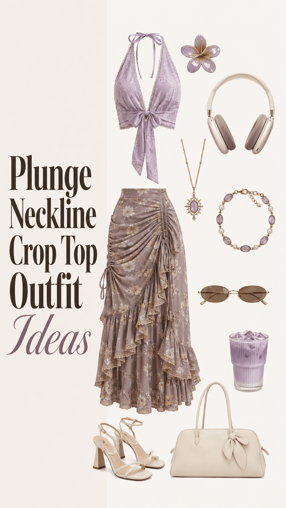 Plunge neckline crop top outfit with draped maxi skirt