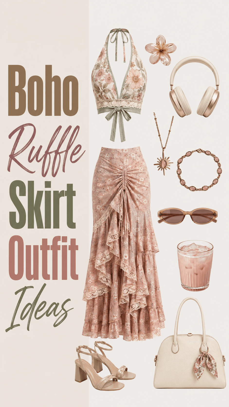 Boho ruffle skirt outfit with halter top