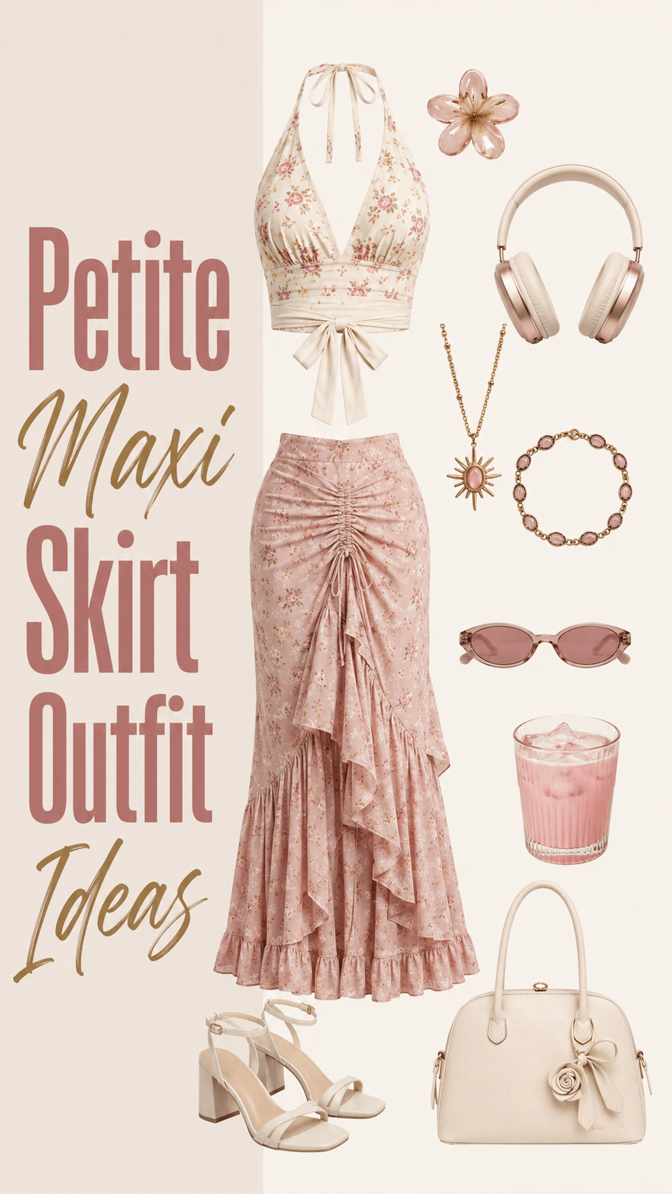 Petite maxi skirt outfit with floral halter top
