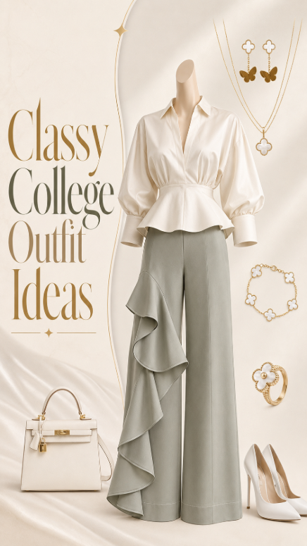 Classy college outfit with cream blouse sage trousers and elegant accessories