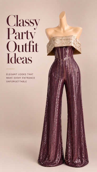 Plum classy party sequin jumpsuit outfit idea