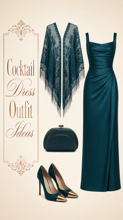Teal cocktail dress outfit with lace shawl heels and clutch