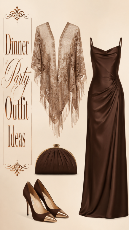 Chocolate satin dinner party dress with lace shawl heels and clutch