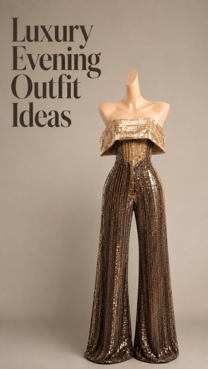 Luxury gold sequin evening jumpsuit outfit idea
