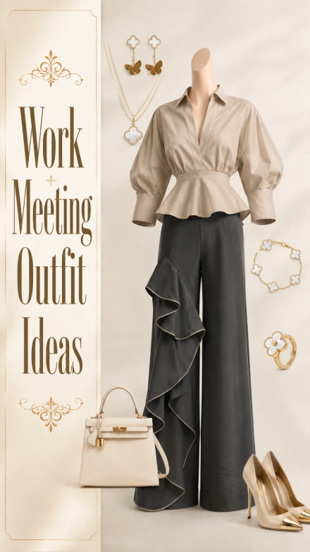Elegant work meeting outfit with beige blouse gray pants heels and handbag
