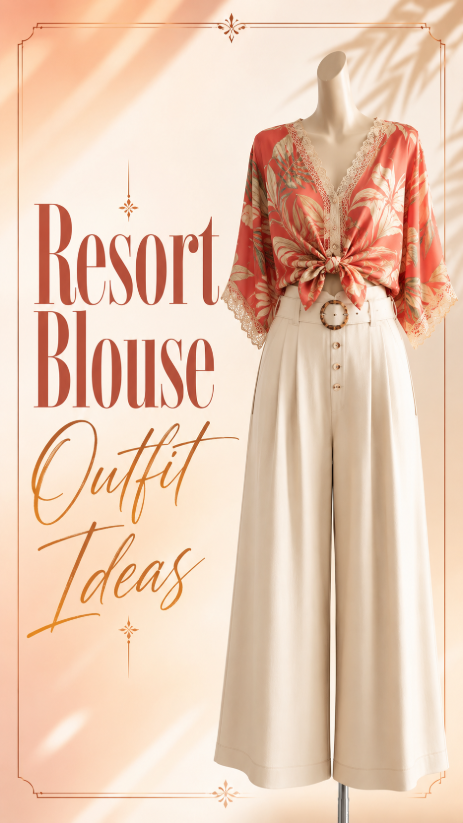 Coral resort blouse outfit with wide-leg cream pants