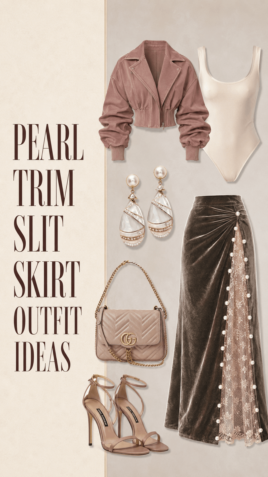 Pearl trim slit skirt outfit idea