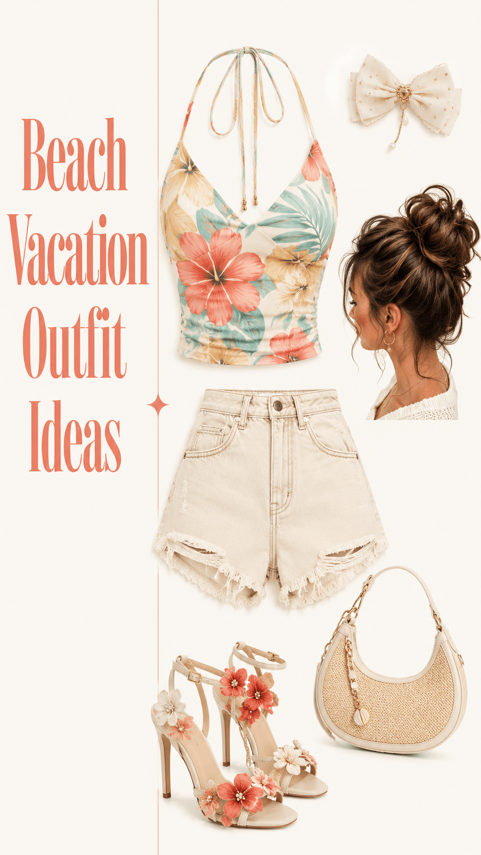 Beach vacation floral halter top and denim shorts outfit idea