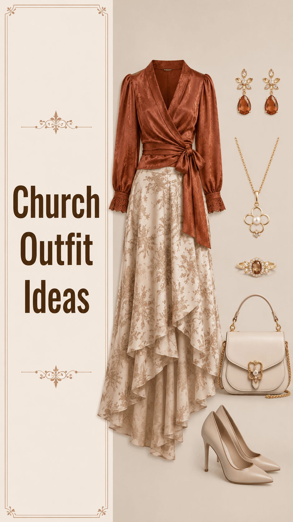 Church outfit with wrap blouse and floral skirt