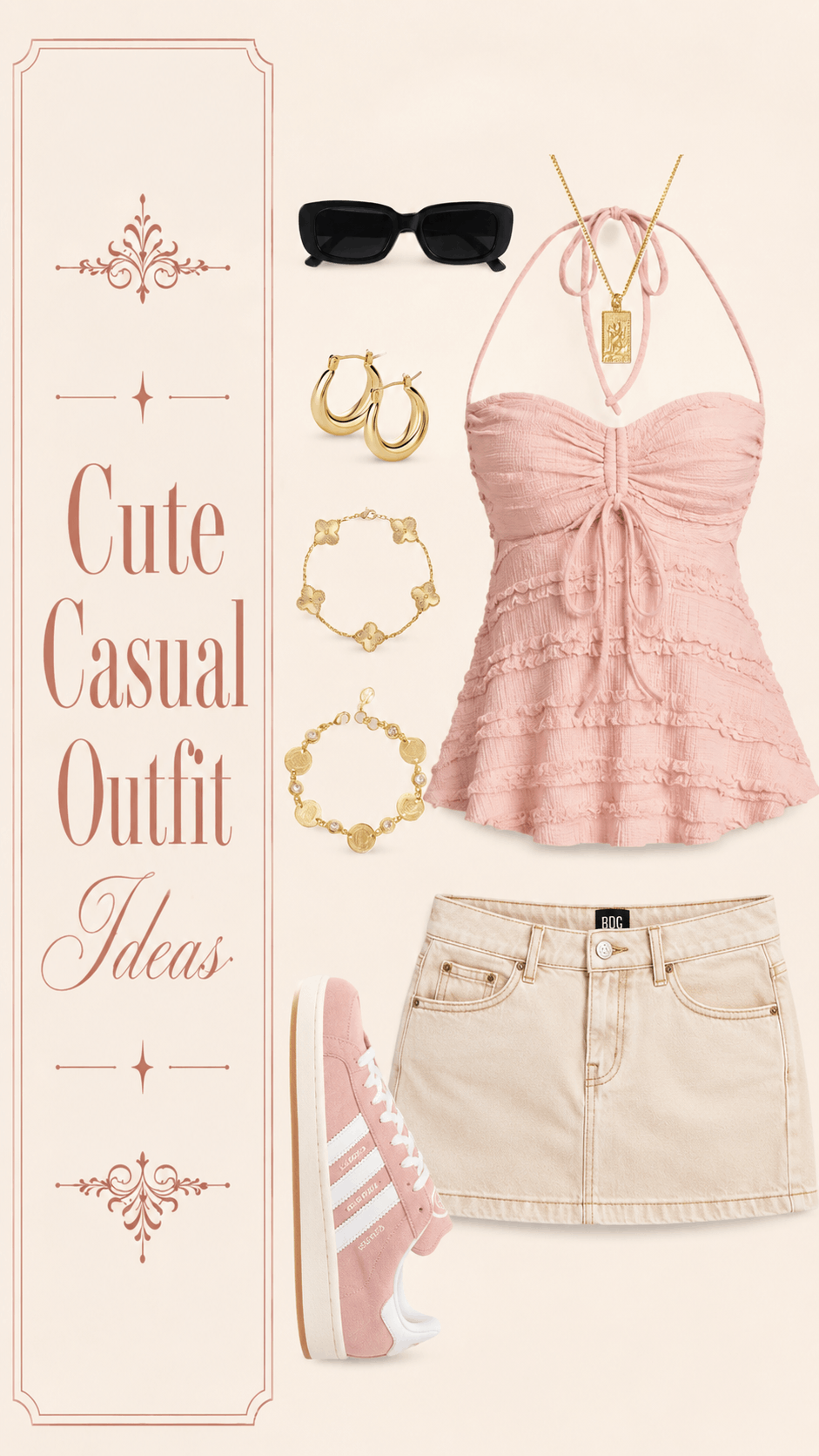 Cute casual pink halter top and cream mini skirt outfit idea