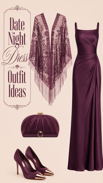 Plum date night satin dress with lace shawl heels and clutch