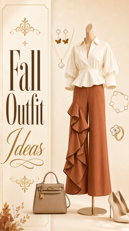 Fall outfit with cream blouse rust wide-leg pants heels and handbag