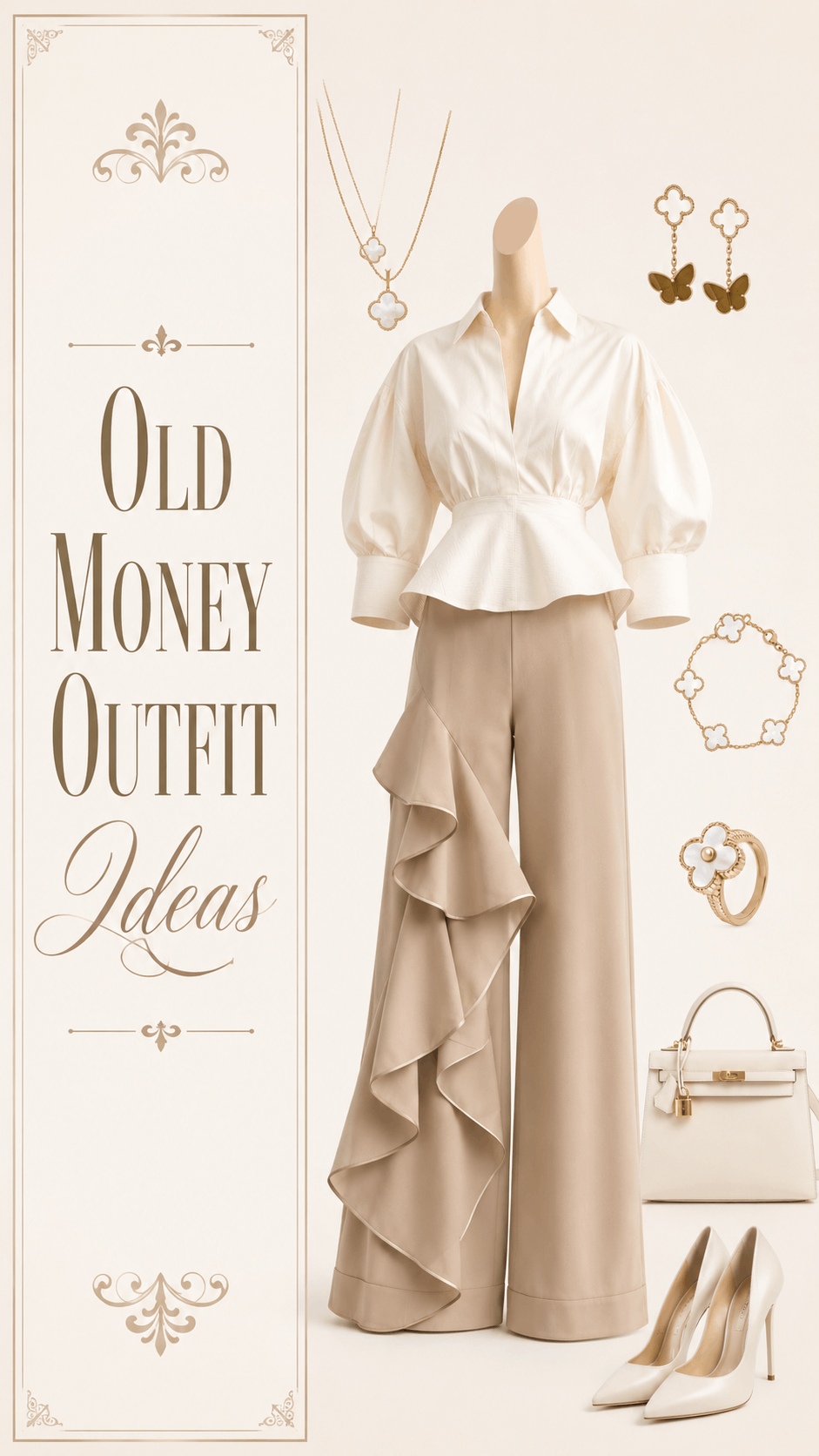Old money cream blouse and beige wide leg pants outfit idea