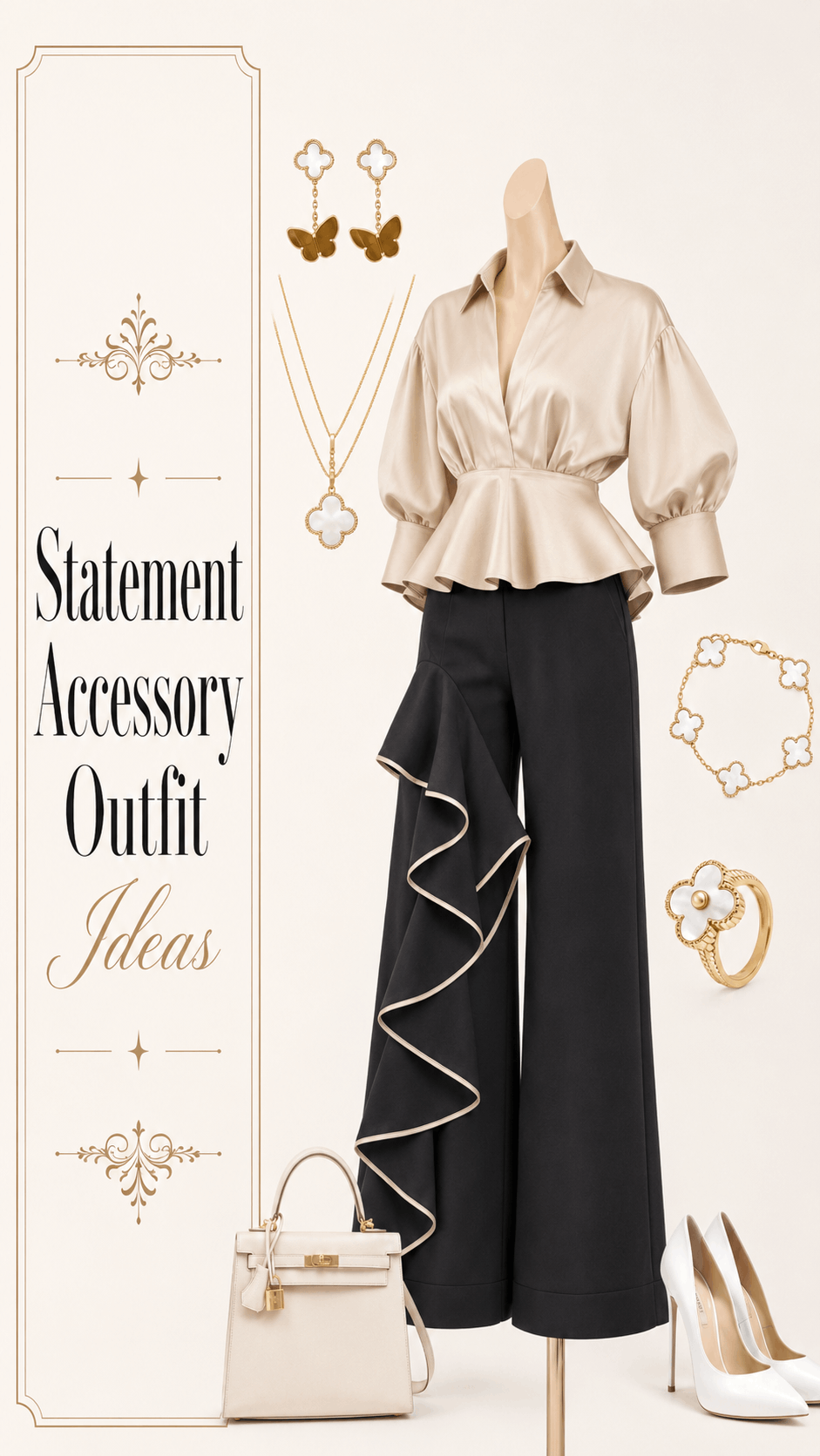 Statement accessory blouse and black wide leg pants outfit idea