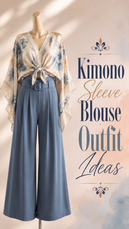 Blue kimono sleeve blouse outfit with wide-leg pants