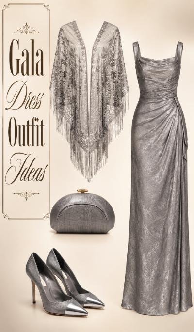 Silver gala dress outfit with shawl heels and clutch