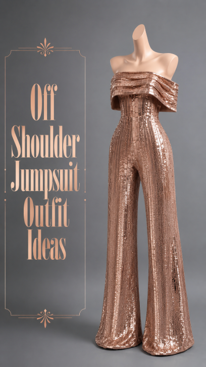 Rose gold off shoulder sequin jumpsuit outfit idea