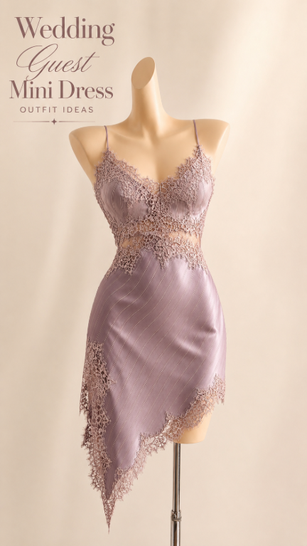 Lilac wedding guest mini dress outfit idea