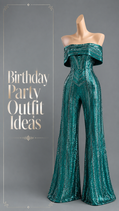 Teal birthday party sequin jumpsuit outfit idea