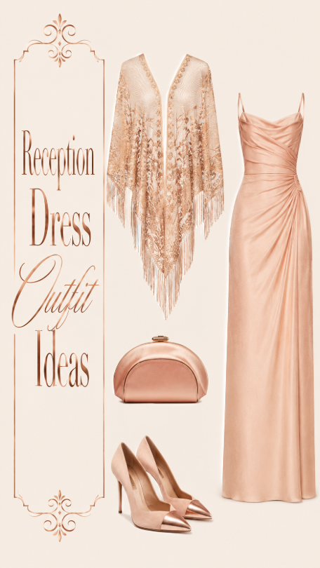 Blush reception dress outfit with shawl heels and clutch