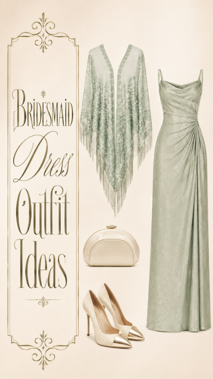 Sage bridesmaid dress outfit with wrap heels and clutch