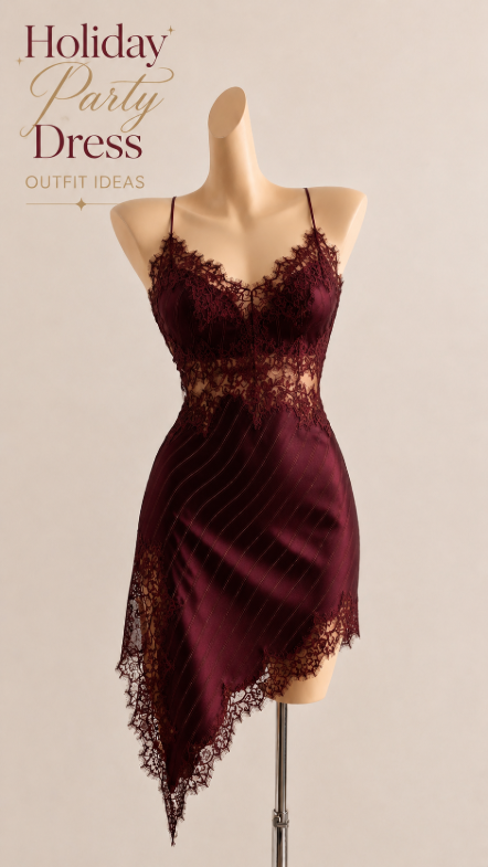 Burgundy holiday party lace dress outfit idea
