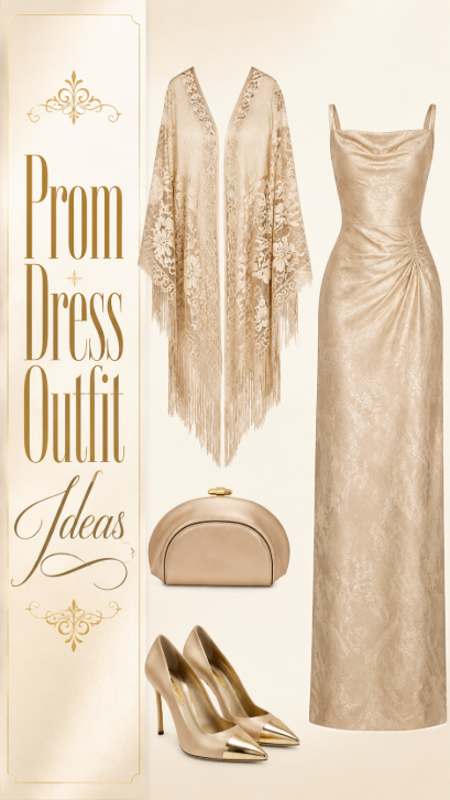 Champagne prom dress with lace wrap clutch and heels