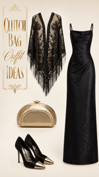Black evening dress with gold clutch and black lace shawl