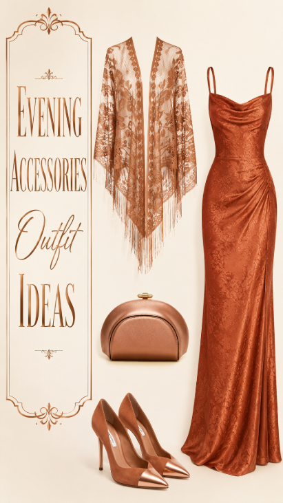 Copper evening dress with lace shawl clutch and heels