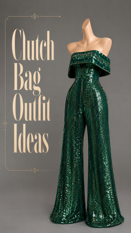 Emerald green sequin jumpsuit clutch bag outfit idea