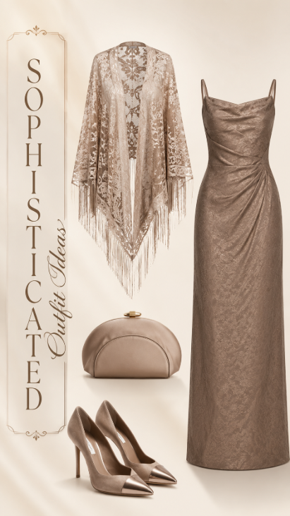 Sophisticated taupe evening gown outfit with lace shawl clutch and heels
