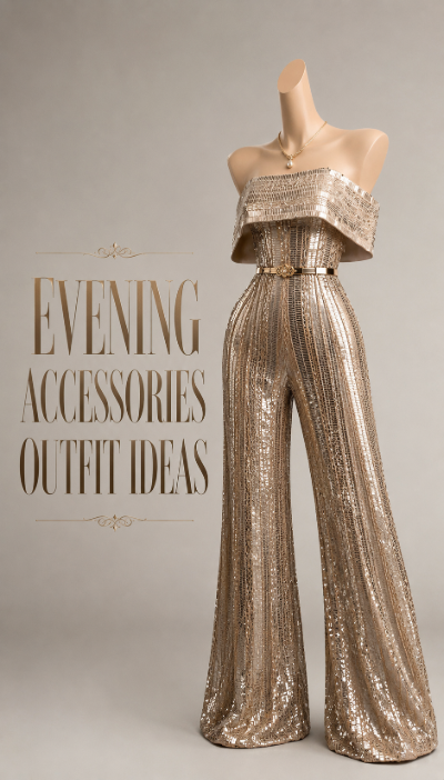 Gold sequin evening jumpsuit outfit with belt and accessories